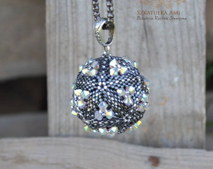 Crystal bullet swarovski large pendant Ball small beads AB shining effect Dark gray white crystal Chain mesh necklace swarovski Gift her