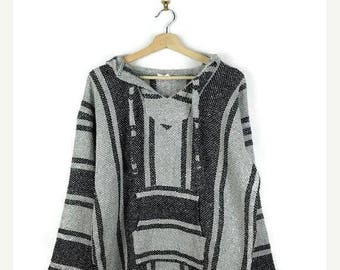 ON SALE Vintage Baja point break Surf Poncho/hoodie /Mexican Parka/Black/White*