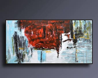 SALE 72" Original Abstract Acrylic Painting Extra Large Gray Black Red Blue Grey Wall Art Modern Art Decor UNSTRETCHED AUXXL009