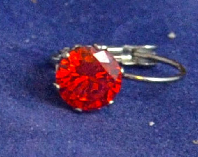 Red Zircon Leverback Earrings, 8mm Round, Natural, Set in Stainless Steel E1062