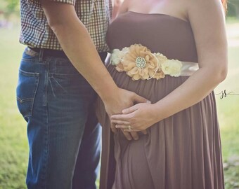 Beige Maternity Sash, champagne wedding photography prop Maternity belt, Pregnancy sash, Flower sash, Couture flower sash