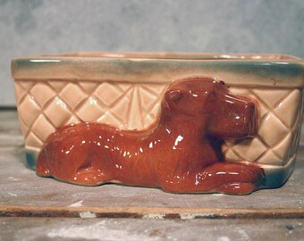 Vintage Ceramic Basket Weave Design & Dog Planter