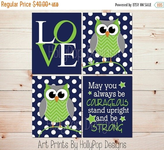 Baby Boy Wall Art Navy Blue Lime Green Art Prints Boy Owl