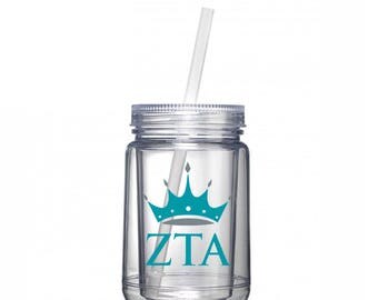 Zeta Tau Alpha sorority crown tumbler w/ matching straw, Double walled acrylic mason jar cup, Pick ur color big sister gift ZTA bid day gift