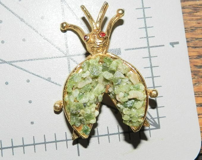 Signed BSK Beetle Insect Brooch Pin, Chipped Jade Inlay Figural, BSK jewelry jewellery, vintage collectible, gift, ladies fashion pin