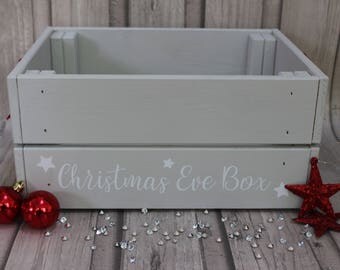 Handpainted Personalised Wooden Christmas Eve Family Treat Crate Box Hamper Grey