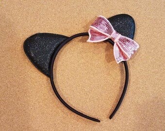 Cat Ear Headband - black with Pink bow - RTS