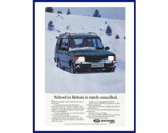 1996 LAND ROVER DISCOVERY Original 1995 Vintage Color Print Advertisement - "School In Britain Is Rarely Cancelled." Winter Snow Scene
