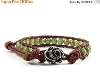 SALE Leather Wrap Bracelet Rose Button Green Beaded Jewelry