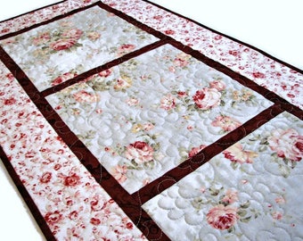 Shabby Cottage Chic Quilted Table Runner, Pale Blue and Wine Floral Table Mat, Quiltsy Handmade