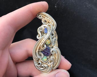 Tanzanite - Opal + sterling Silver and 14k Gold Fill Wire Wrap Pendant Crystal Wrap Hybrid Wire Wrap Jewelry