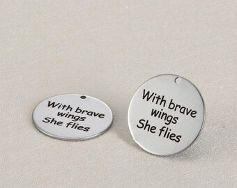 5pcs 25mm stainless steel charms--with brave wings she flies charms pendants