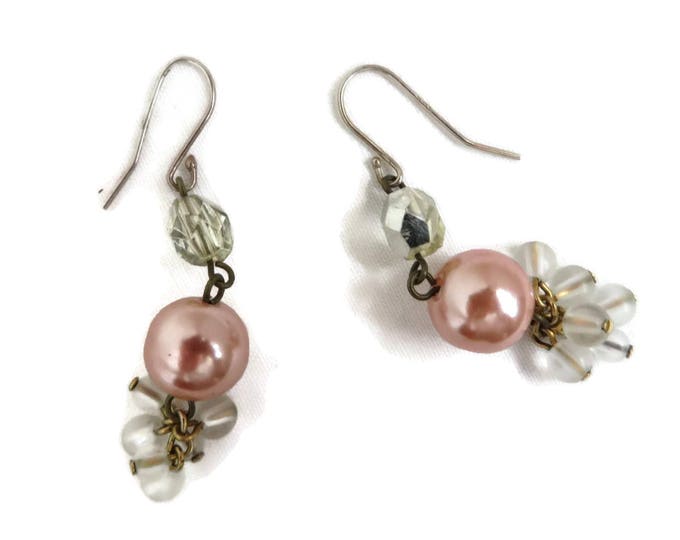 Pink Pearl Earrings, Danging Faux Pearl Earrings, Clear Bead Dangles, Vintage Pierced Earrings