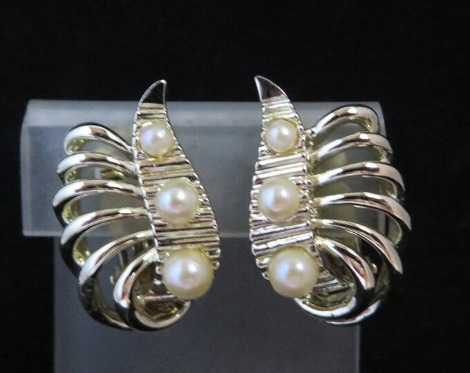 Vintage Marboux Earrings, Marcel Boucher Earrings, Goldtone Faux Pearl Earrings, Signed Designer Clip-on Earrings