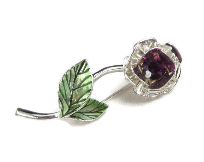 Amethyst Rhinestone Flower Pin, Vintage Silvertone Floral Brooch, Purple Flower Brooch, Perfect Gift