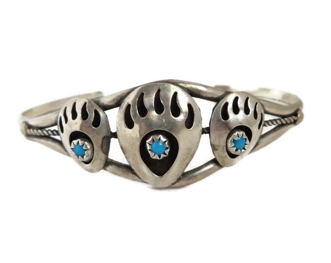 Navajo Bear Paw Cuff, Sterling Silver Turquoise Cuff, Vintage Shadowbox Cuff, Native American Bracelet, FREE SHIPPING