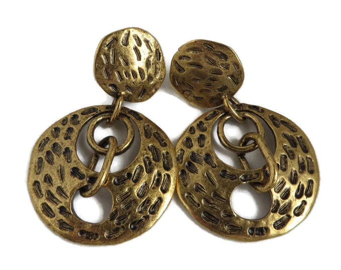 Vintage Chicos Dangling Disc Earrings - Gold Tone Cavewoman Clip-ons, Gift for Her