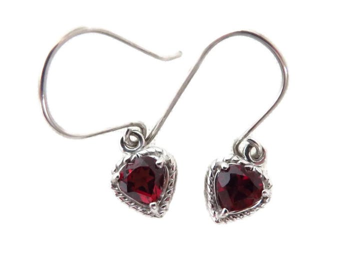 Vintage Garnet Heart Earrings, Sterling Silver Dangling Pierced Earrings, Bridal Jewelry, Valentine's Day Gift