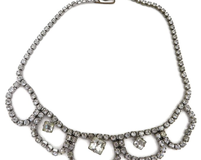 Rhinestone Bridal Necklace, Vintage Silver Tone Rhinestone Statement Necklace, Formal Wear