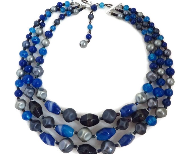 Vintage Japan Blue Bead Necklace, Multi Strand Beaded Choker, Mid-Century Costume Jewelry