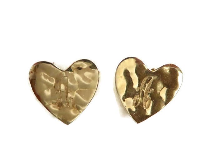 14K Gold Heart Earrings, Initial A Pierced Stud Hammered Gold Earrings