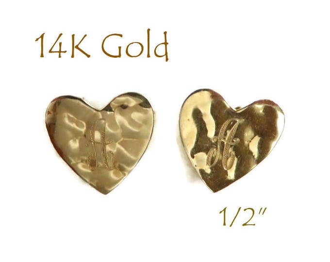 14K Gold Heart Earrings, Initial A Pierced Stud Hammered Gold Earrings