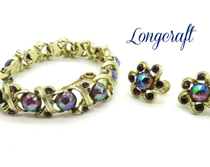 Vintage Watermelon Rhinestone Bracelet , Screw Back Earrings Set, Signed Longcraft Demi Parure