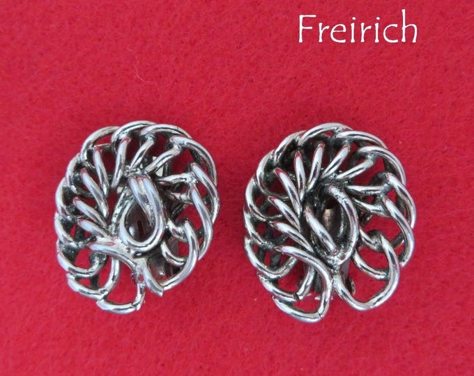Vintage Freirich Chain Link Earrings - Silver Tone Earrings, 1960s Clip-ons