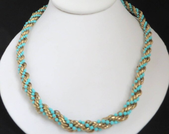AVON Necklace - Vintage Turquoise & Gold Bead Rope Twist Necklace, Valentine's Day Gift, Gift Boxed