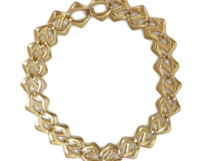 Vintage Tailored Link Necklace, Gold Tone Diagonal Striped Necklace, Gift for Her