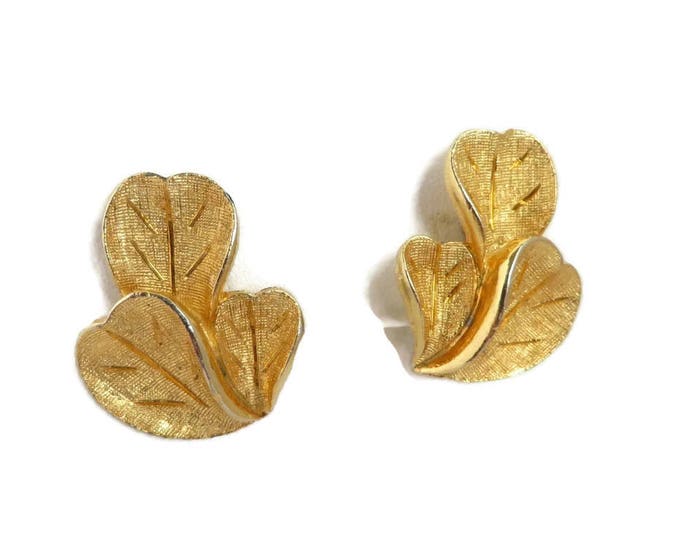 Francois Coro Earrings - Vintage Brushed Gold Tone Leaf Clip-on Earrings, Gift for Her