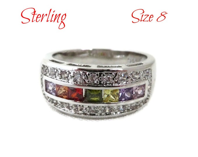 Sterling Silver CZ Ring | Vintage Multicolor Channel Set CZs | Wide Band Ring | Size 8