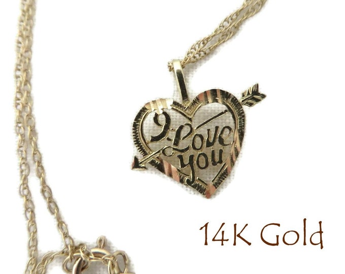 14K Gold Heart Pendant Necklace, Vintage "I Love You" Heart Pendant, 18" Chain Necklace