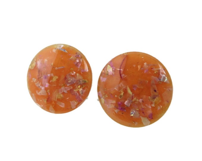 Orange Lucite Earrings, Vintage Confetti Earrings, Mid Century Button Clip on Earrings, Party Jewelry