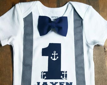 Boys First Birthday Outfit - Navy Blue Grey Birthday - Nautical Birthday Shirt - Anchor Birthday - 1st Birthday Boy - First Birthday Shirt