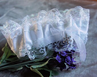 Winter Frost garter, Bridal, Wedding, in white.