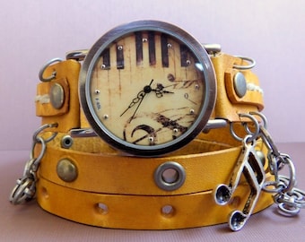 Music leather watch, Leather wrap around watch, womens watch, Bracelet Watch, Chain watch, Fashion, Gift,