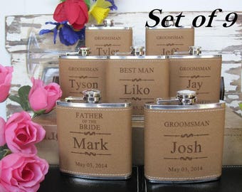 Nine Flasks, Inexpensive Mens Gift, Leather Flasks, Groomsmen Proposal, Groomsman Flask Set, With Free Engraving, Best Man Gift Idea