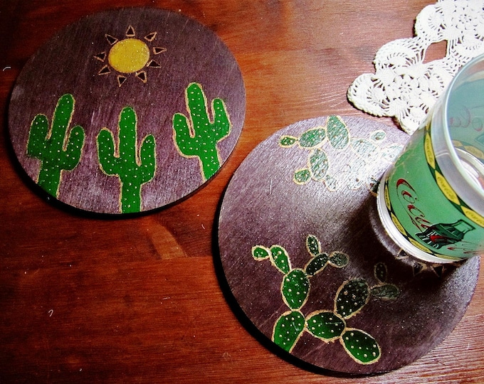 Boho Table Decor - Drink Coasters Set for Two - Southwestern Decor - Wood Coasters - Cactus Decor - Boho Hauseware - Gift for Couple