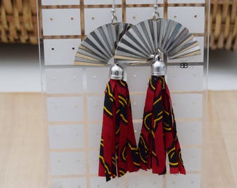 Fabric tassel earrings, afro earrings, boho earrings, bijoux africains, bijoux wax, birthday gift, african jewellery
