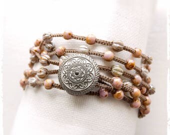 Macrame Wrap Bracelet / Necklace with Czech Glass Beads in Rose and Green