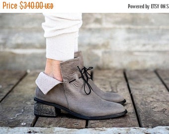 CIJ SALE Leather Boots, Grey Boots, Handmade Boots, Ankle Boots, Grey Booties, Heeled Boots, Lace Boots, Slouch Boots, Leather Shoes, Lucia