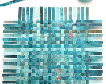 Turquoise Paper Weaving- Abstract Art- Woven Paper- 7x8- Acrylic and Watercolor