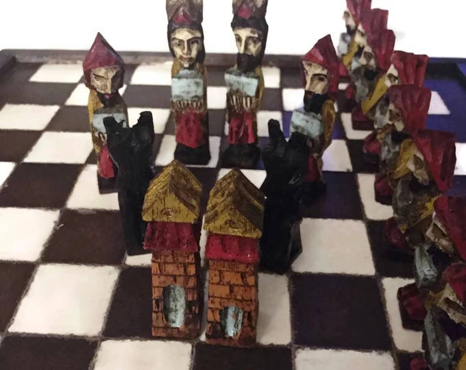 Vintage Folk Style Chess Set - Spanish Wooden Chessmen - Rare Chess Set - Gothic Chess - Religious Chess Set -Escardibul Catalunya Spain