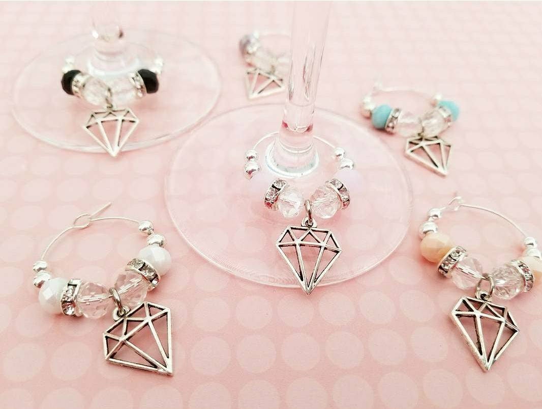 Diamond Wine Glass Charms Set of 6 Engagement Bachelorette