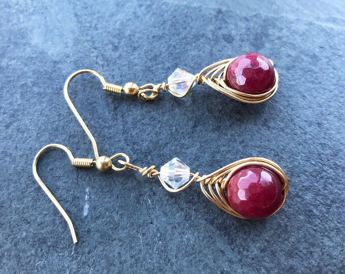 Red agate earrings, stud red earrings, dangle red agate earrings, red agate Swarovski wire wrapped earrings