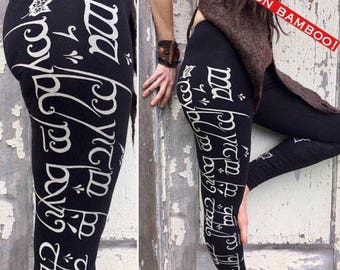 ELVISH Bamboo Leggings Sindarin, printed black Tights Elvish, black Woodland Fairy Leggings Fan Clothing, LARP, Wiccan Witchy Clothing