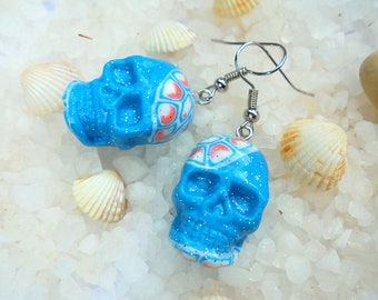 Blue skull earrings, Sugar skull earrings, Day of the dead earrings, Light blue skull earrings, Sugar skull jewelry, Dia de los muertos