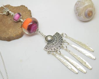 Necklace 76cm glass beads handmade Lampwork pink orange chain 925 Silver