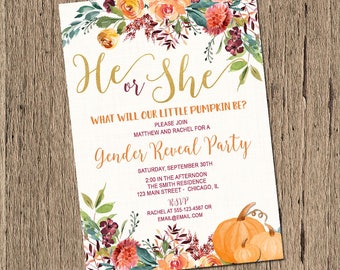 Fall Gender Reveal Invitation, Pumpkin gender reveal invitation, sex reveal invitation, Printable fall gender reveal party invitation